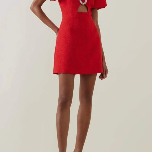 Puff Sleeve Cut-out Mini Dress Red Heart - Picture 1 of 4